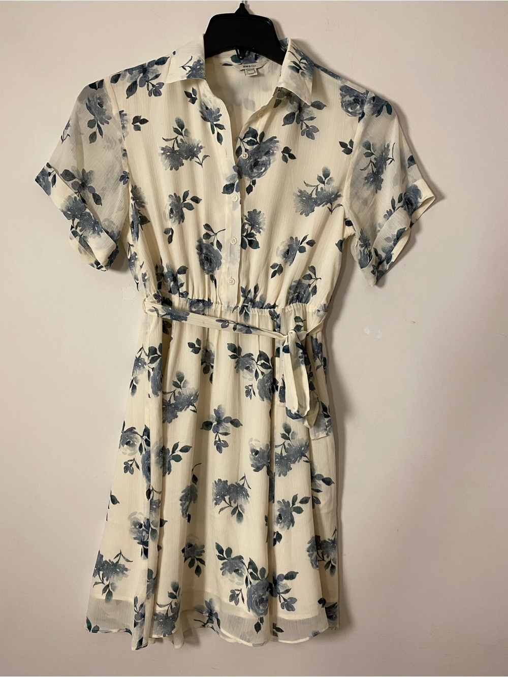 RW&CO. Cream Mini Shirt Dress with Blue Floral Print